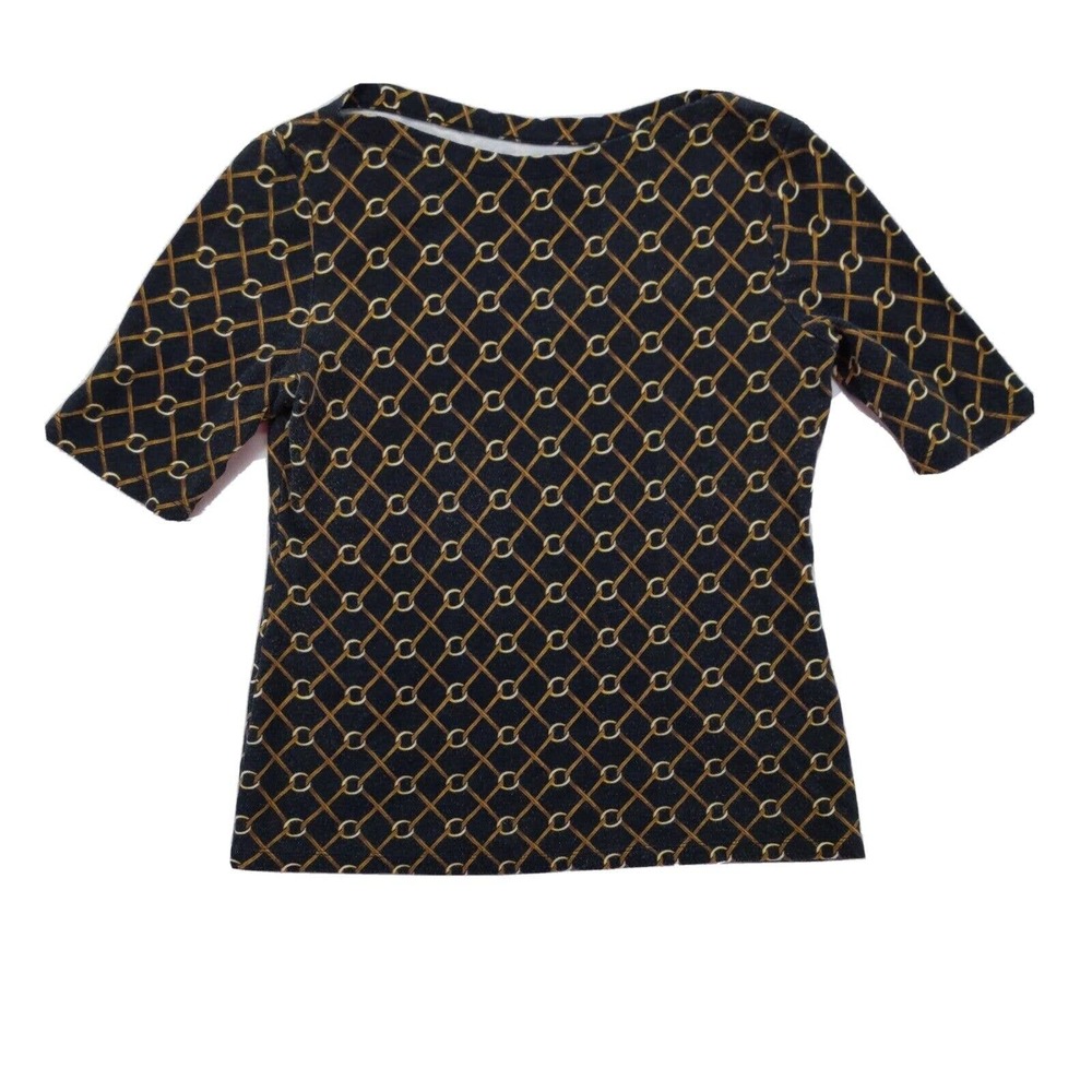 Women's Charter Club 100% Pima Cotton T Shirt Black Gold Chain Link Petite Small